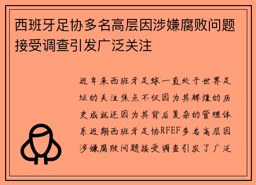 西班牙足协多名高层因涉嫌腐败问题接受调查引发广泛关注 西班牙足协多名高层因涉嫌腐败问题接受调查引发广泛关注