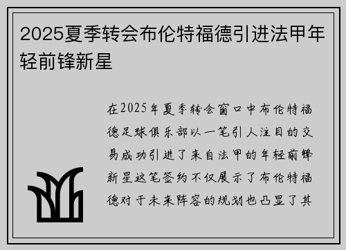 2025夏季转会布伦特福德引进法甲年轻前锋新星 2025夏季转会布伦特福德引进法甲年轻前锋新星