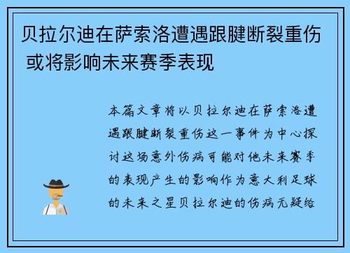 贝拉尔迪在萨索洛遭遇跟腱断裂重伤 或将影响未来赛季表现